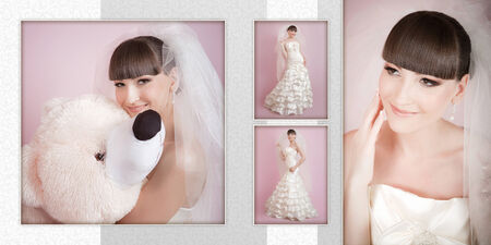 Collage - studio portrait of a happy bride on a pink backgroundの写真素材