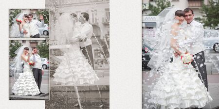 Collage - groom and bride near the fountainの写真素材
