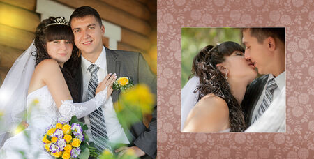 Collage -  groom and the bride on a swing during wedding walkの写真素材