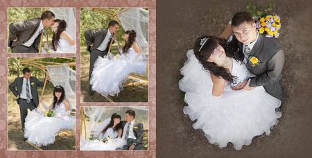 Collage - groom and the bride on a  wedding walkの写真素材