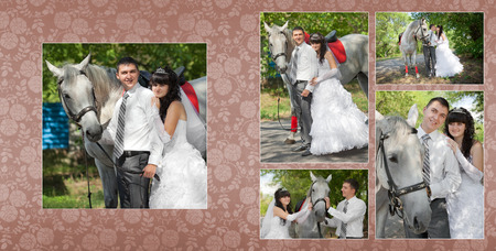 Collage - groom and the bride during walk in their wedding day against a grey horseの写真素材