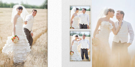 Collage - groom and the bride in the field of wheat in their wedding dayの写真素材