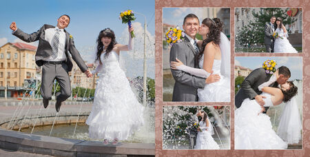 Collage - groom and bride near the fountainの写真素材