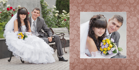 Collage - groom and the bride sit on a benchの写真素材