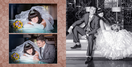 Collage - groom and the bride  next to barの写真素材