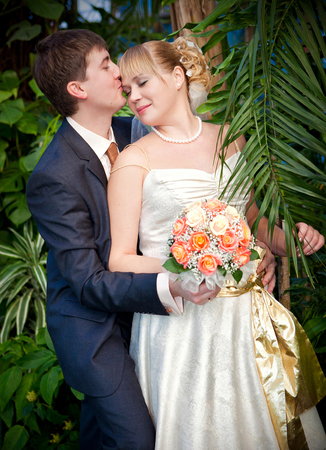 Beautiful just married couple walking on path at junglesの写真素材