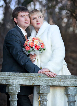 groom and bride in autumn wedding dayの写真素材