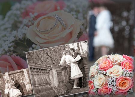 Collage - Fun groom and bride in autumn wedding dayの写真素材