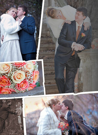 Collage - groom and bride in autumn wedding dayの写真素材