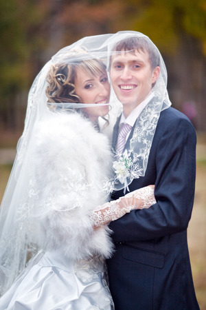 groom and bride in autumn wedding dayの写真素材