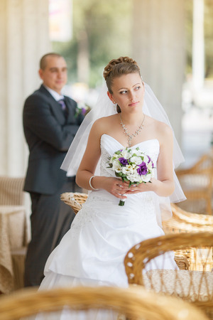 groom and  bride in cafeの写真素材