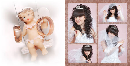 Collage - studio portrait of a happy bride on a pink backgroundの写真素材