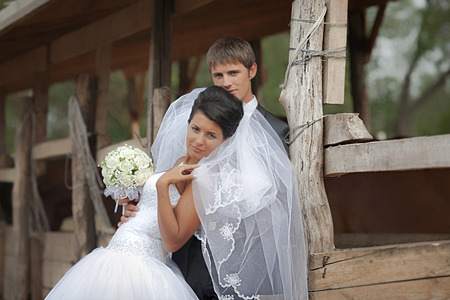 groom and bride stand near the horse shelterの写真素材