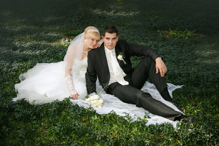 bride and  groom sit on a green grassの写真素材