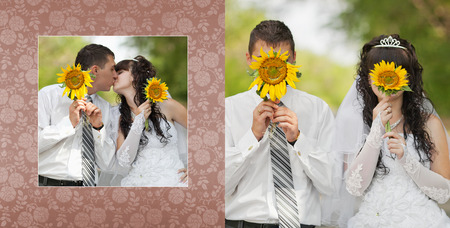 Collage - groom with the bride are closed by sunflowers on which the smilie is representedの写真素材