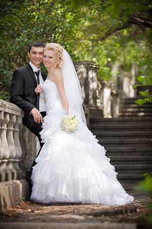 groom and bride on walk in their wedding dayの写真素材
