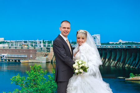 groom and bride during walk in their wedding dayの写真素材