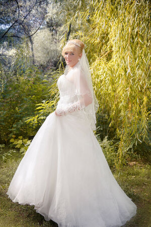 bride  stand on a green grassの写真素材