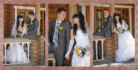 Collage - groom and the bride in park in their wedding dayの写真素材