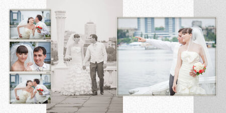 Collage - groom and the bride during walk in their wedding dayの写真素材