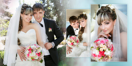 Collage - groom and the bride during walk in their wedding dayの写真素材