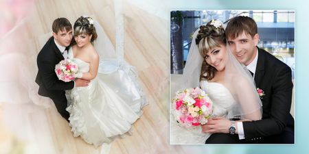 Collage - groom and the bride with a wedding bouquet from roses in a handの写真素材