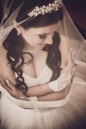 Portrait of pretty bride with veilの写真素材