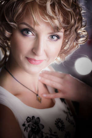 Portrait of the beautiful woman close up in studioの写真素材