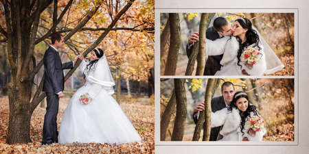 Collage -the groom and the bride in autumn park walk near trees with yellow leavesの写真素材