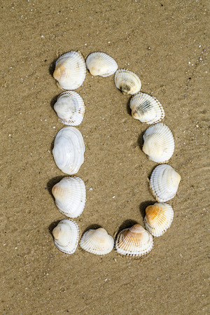 Letter of alphabet makes from seashells on the sand backgroundの写真素材