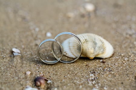 Wedding ring and seashell on the sandy beachの写真素材