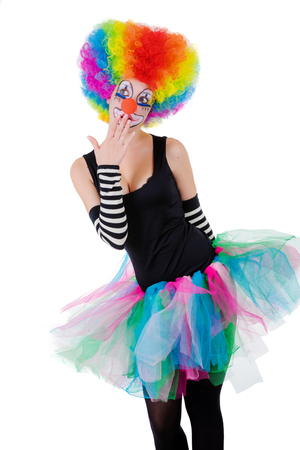 girl in clown wig isolated on white backgroundの写真素材