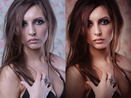 beautiful woman with before and after skin: problem skin with blemishes and clear complexionの写真素材