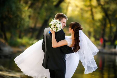 Bride and groom are a romantic momentの写真素材