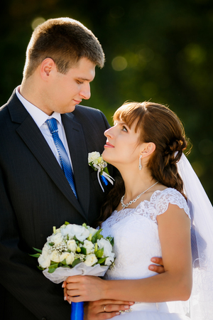 Happy bride and groom on their weddingの写真素材