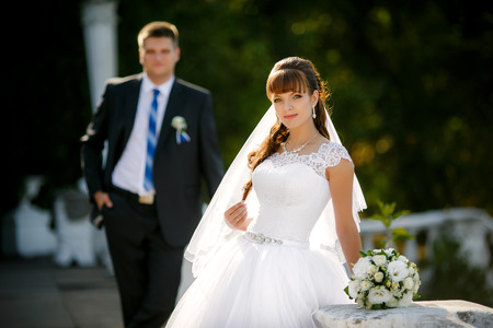 Happy bride and groom on their weddingの写真素材