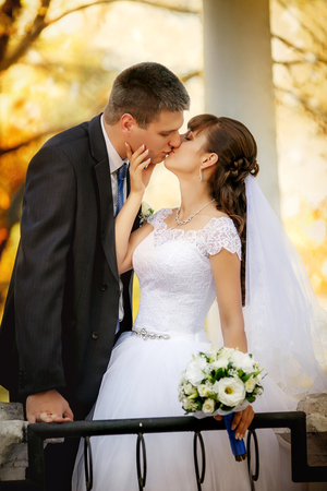 Kiss of the groom and bride in parkの写真素材
