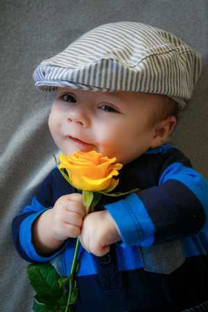 the  boy holds a yellow rose in hand in the studioの写真素材