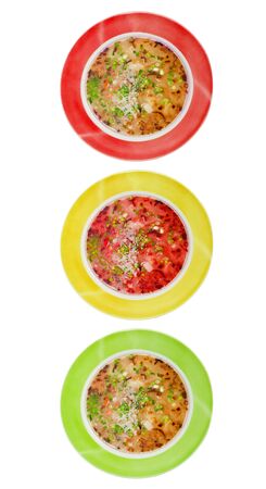 Vegetable soup on a meat broth in the red, yellow,green plates (traffic light colors)の写真素材