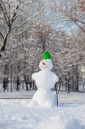 Fun snowman in park.の写真素材