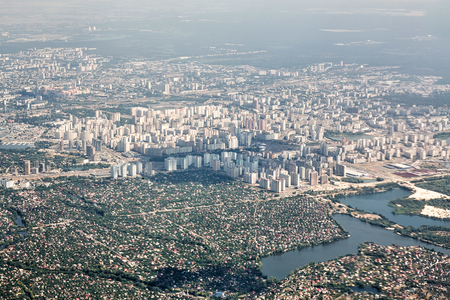 Aerial view apartment buildings complex and residential houses neighborhood.  Top view of the modern luxery residential complex in Kiev, Ukraineの写真素材