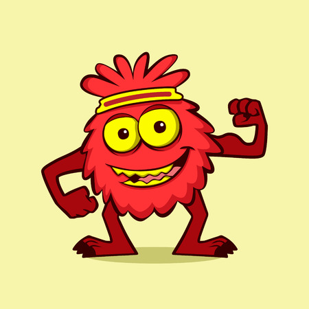 Cute, healthy and strong little monster smiling showing his tiny muscle, cartoon mascot illustrationのイラスト素材