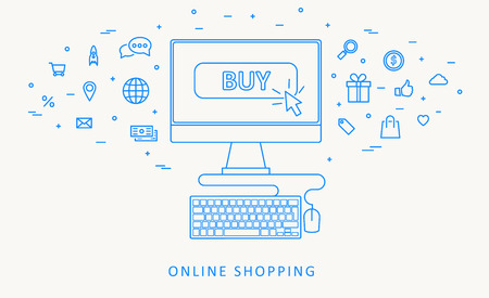 Illustartion of online shopping thin blue line designのイラスト素材