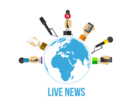 Illustartion of Journalists hands of journalists with microphones and tape recordersのイラスト素材