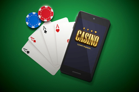 vector illustration of casino chips and mobile isolated on green backgroundのイラスト素材