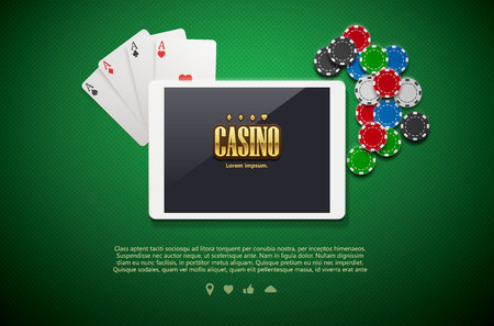 vector illustration of casino chips and mobile isolated on green backgroundのイラスト素材