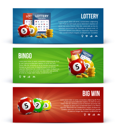 vector illustration of lottery banners with realistic icons balls coins lottery ticket and place for text isolated on whiteのイラスト素材