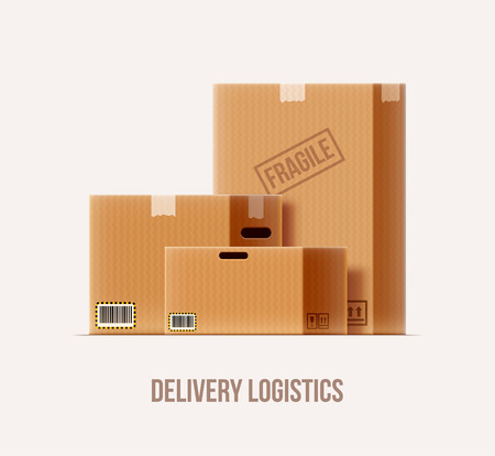vector illustration of brown package box set realistic 3d icon isolated on whiteのイラスト素材