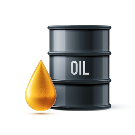 vector illustration of black oil barrel with oil drop isolated on white realistic objects with shadowsのイラスト素材