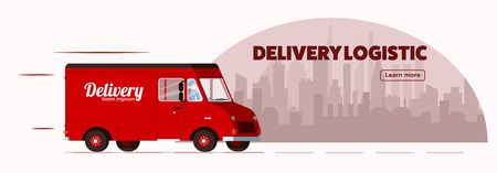 red delivery truck with human worker fastのイラスト素材